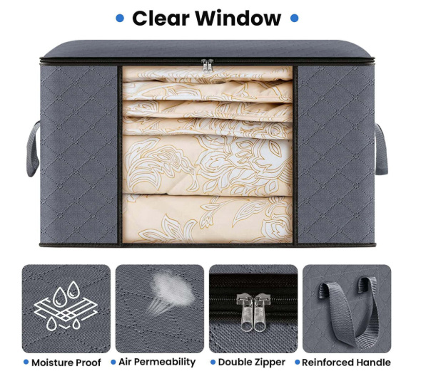 6 Pack Large Foldable Closet Organizer Storage Bags with Sturdy Handles for Comforters Blankets Bedding Grey