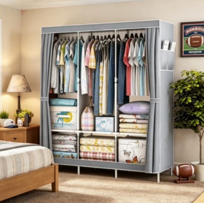 Portable Closet Organizer with Shelves Dustproof Non Woven Fabric Wardrobe Storage for Bedroom Home Space Saving Clothing Rack