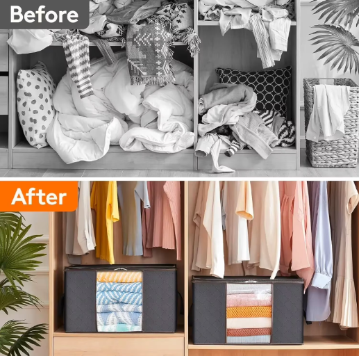 6 Pack Large Foldable Closet Organizer Storage Bags with Sturdy Handles for Comforters Blankets Bedding Grey