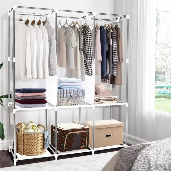 Portable Closet Organizer with Shelves Dustproof Non Woven Fabric Wardrobe Storage for Bedroom Home Space Saving Clothing Rack