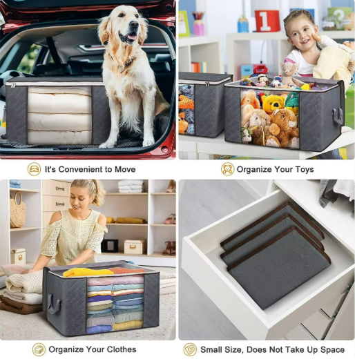 6 Pack Large Foldable Closet Organizer Storage Bags with Sturdy Handles for Comforters Blankets Bedding Grey