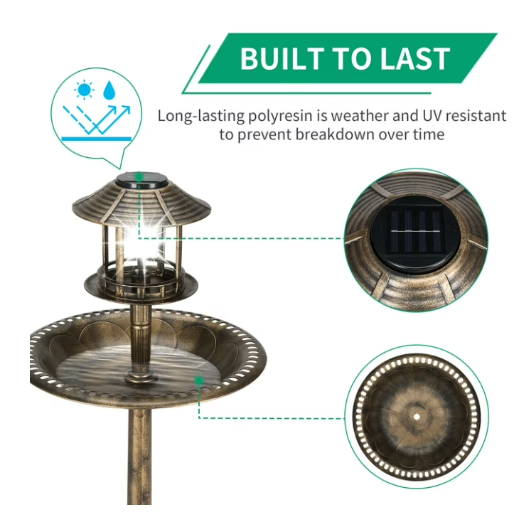 Bird Bath with Solar Powered Fountains for Hummingbirds,Stable Stylish Design with 5-Prong Base Stake Plastic Bird Bath for Outside Patio Yard Garden