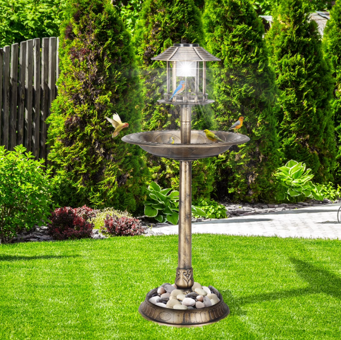 Bird Bath with Solar Powered Fountains for Hummingbirds,Stable Stylish Design with 5-Prong Base Stake Plastic Bird Bath for Outside Patio Yard Garden