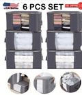6 Pack Large Foldable Closet Organizer Storage Bags with Sturdy Handles for Comforters Blankets Bedding Grey