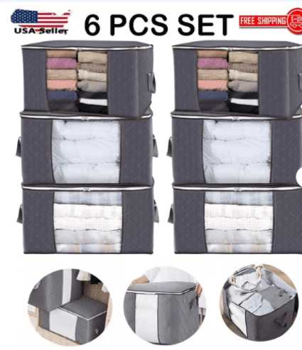 6 Pack Large Foldable Closet Organizer Storage Bags with Sturdy Handles for Comforters Blankets Bedding Grey
