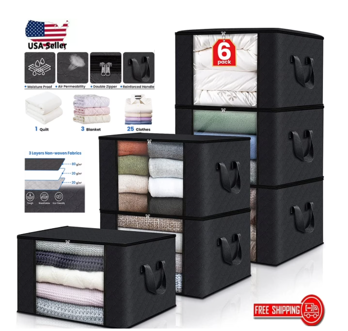 6 Pack Large Foldable Closet Organizer Storage Bags with Sturdy Handles for Comforters Blankets Bedding Black