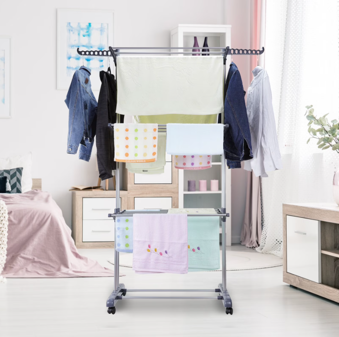 Feirrmimo Clothes Drying Rack,Oversized 4-Tier,Foldable Stainless Steel Drying Rack Clothing,Movable Drying Rack Poles