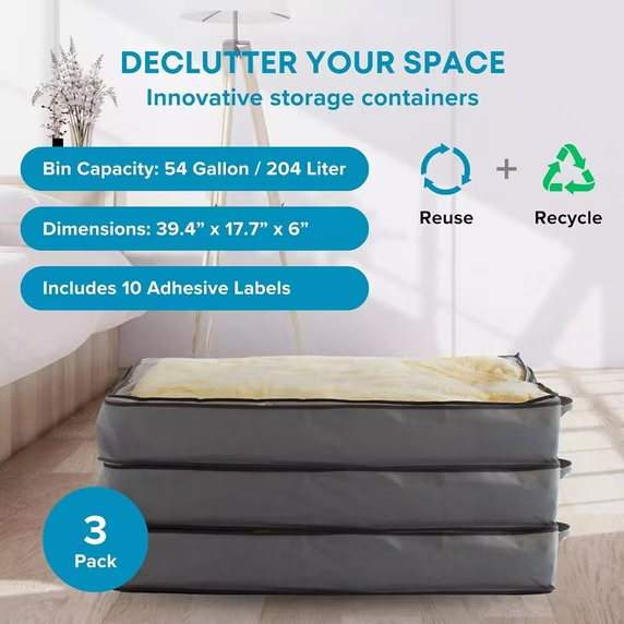 3 Pack Under Bed Storage Containers,Closet Organizers and Storage Bins,Foldable Underbed Storage Bags Visible Breathable Non-woven Closet Storage for Blanket,Comforter,Bedding