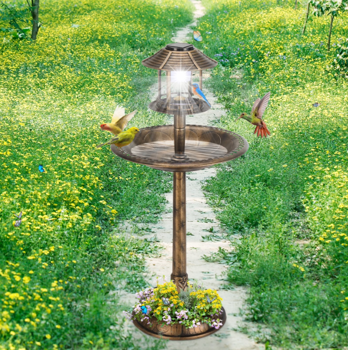 Bird Bath with Solar Powered Fountains for Hummingbirds,Stable Stylish Design with 5-Prong Base Stake Plastic Bird Bath for Outside Patio Yard Garden