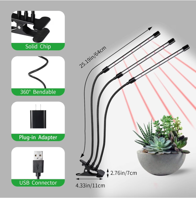 Feirrmimo LED Grow Lights for Indoor Plants,Full-Spectrum Grow Light with Automatic On/Off and 3/9/12-Hour Timer,3-Head Clip-On Plant Grow Light with 9 Dimmable Brightness Levels