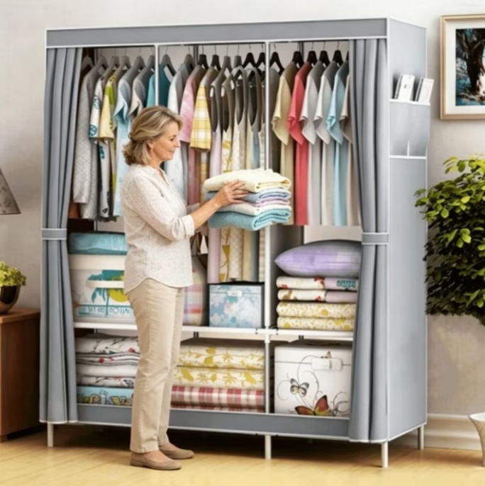 Portable Closet Organizer with Shelves Dustproof Non Woven Fabric Wardrobe Storage for Bedroom Home Space Saving Clothing Rack