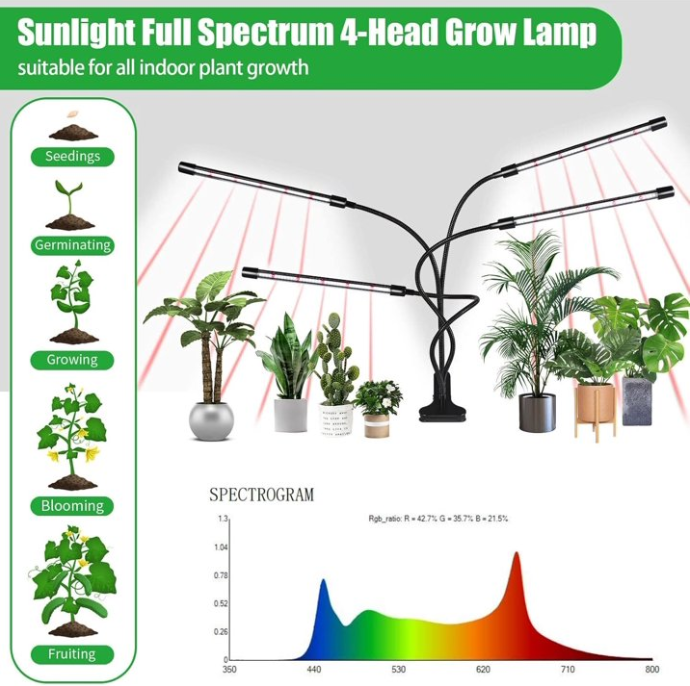 Feirrmimo LED Grow Lights for Indoor Plants,Full-Spectrum Grow Light with Automatic On/Off and 3/9/12-Hour Timer,4-Head Clip-On Plant Grow Light with 9 Dimmable Brightness Levels
