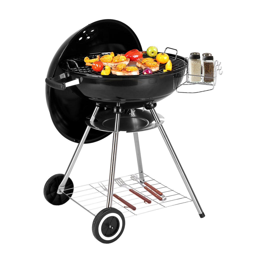 Portable Charcoal Grill Black 18 inch with Wheels Porcelain Enameled Lid & Ash Catcher for Outdoor BBQ Camping Picnics Tailgating