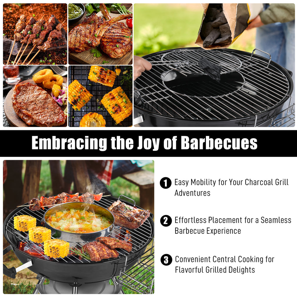 Portable Charcoal Grill Black 18 inch with Wheels Porcelain Enameled Lid & Ash Catcher for Outdoor BBQ Camping Picnics Tailgating