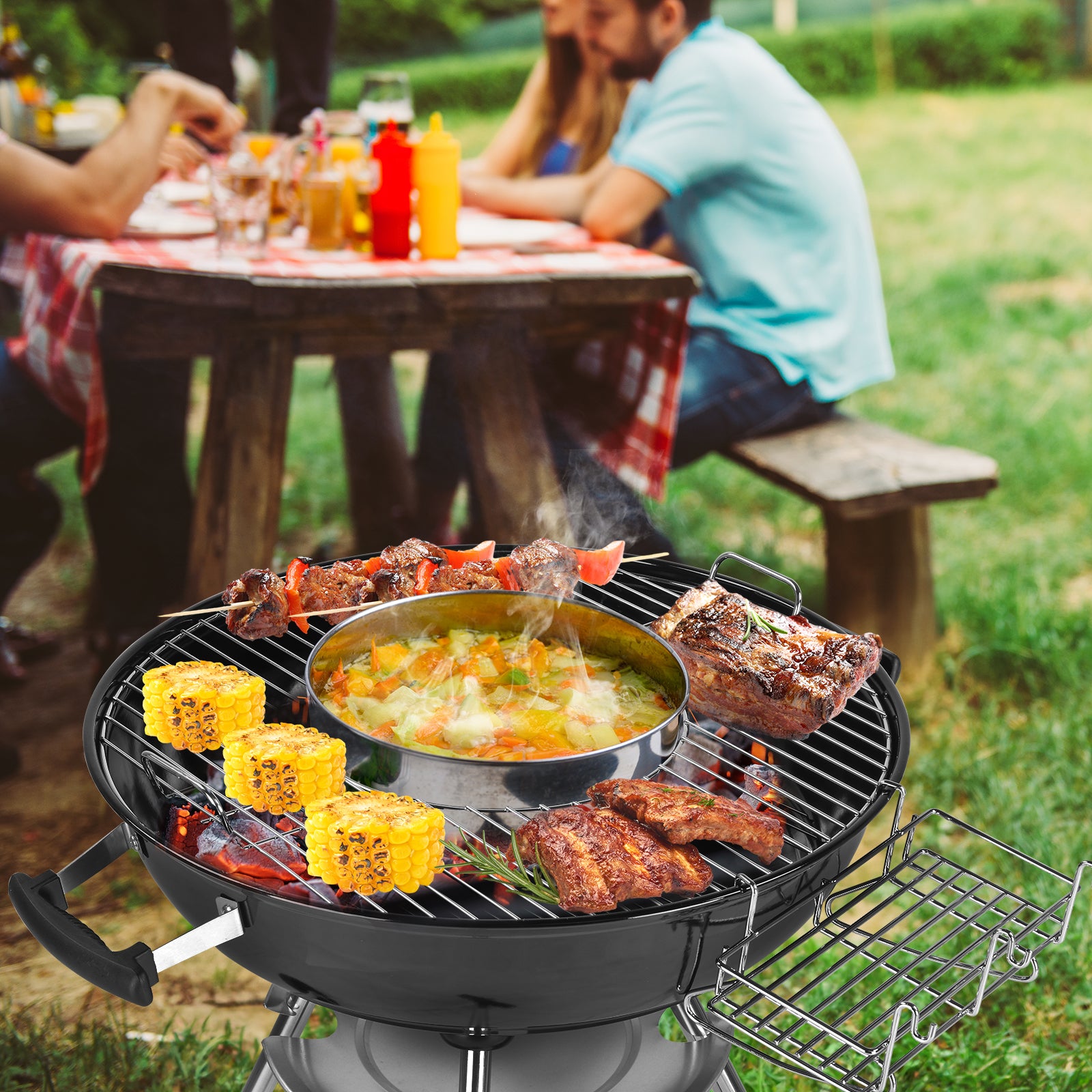 Portable Charcoal Grill Black 18 inch with Wheels Porcelain Enameled Lid & Ash Catcher for Outdoor BBQ Camping Picnics Tailgating