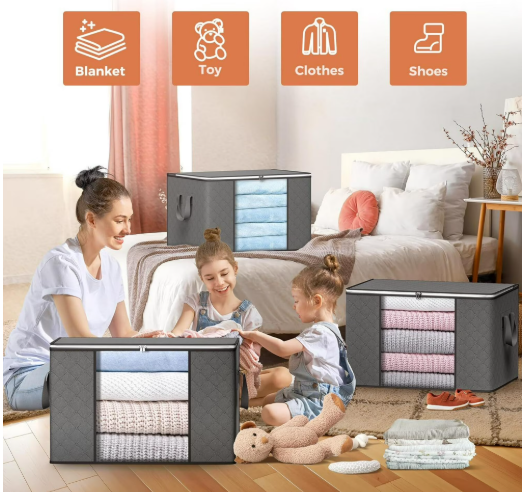 6 Pack Large Foldable Closet Organizer Storage Bags with Sturdy Handles for Comforters Blankets Bedding Grey