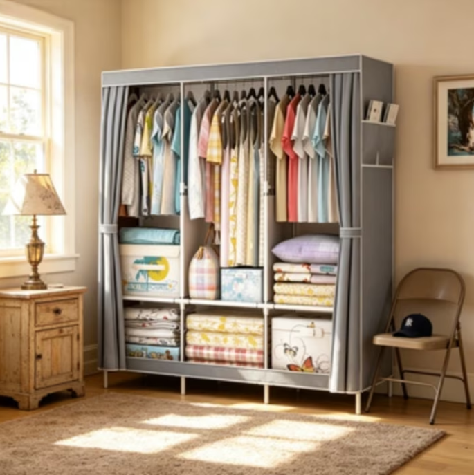 Portable Closet Organizer with Shelves Dustproof Non Woven Fabric Wardrobe Storage for Bedroom Home Space Saving Clothing Rack