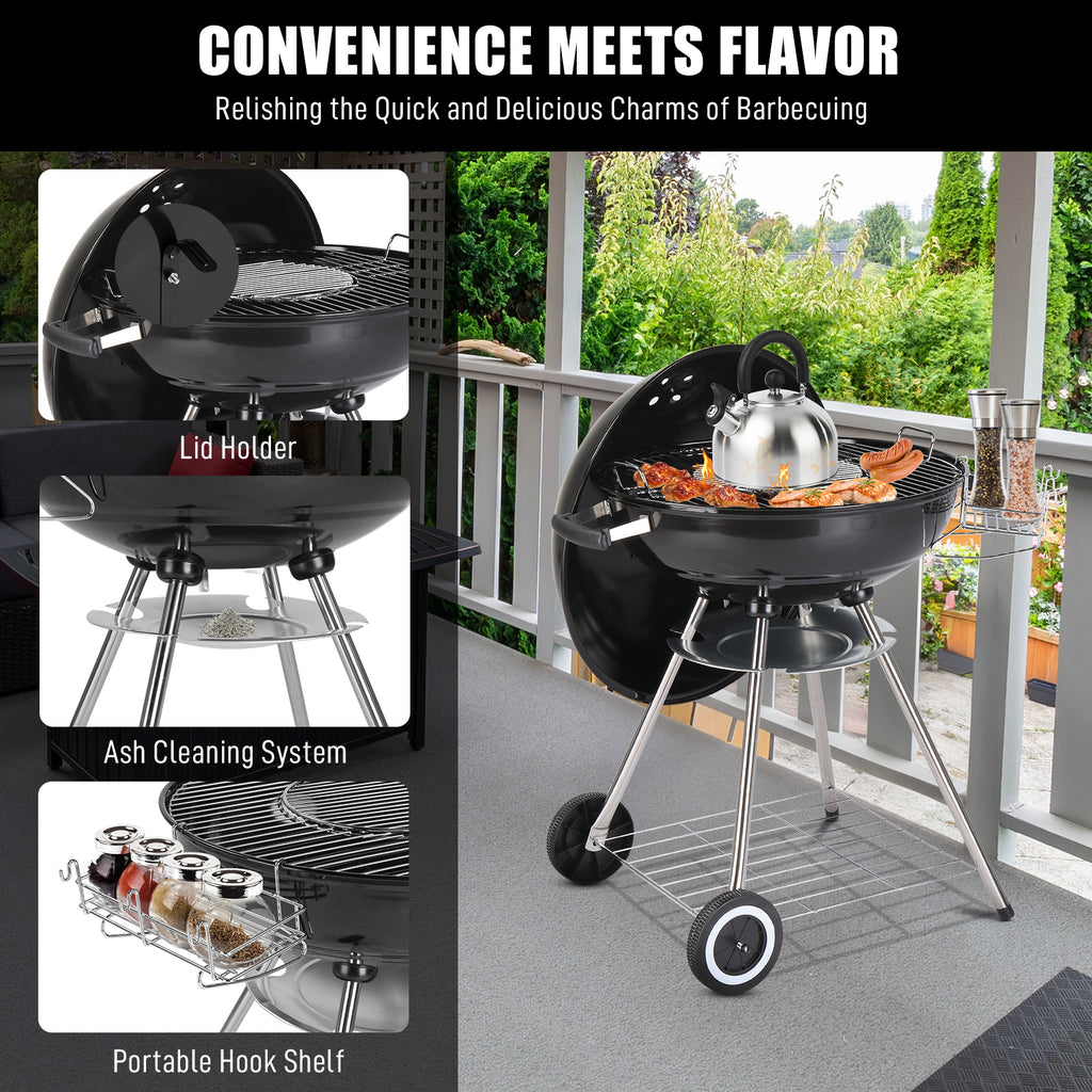 Portable Charcoal Grill Black 18 inch with Wheels Porcelain Enameled Lid & Ash Catcher for Outdoor BBQ Camping Picnics Tailgating