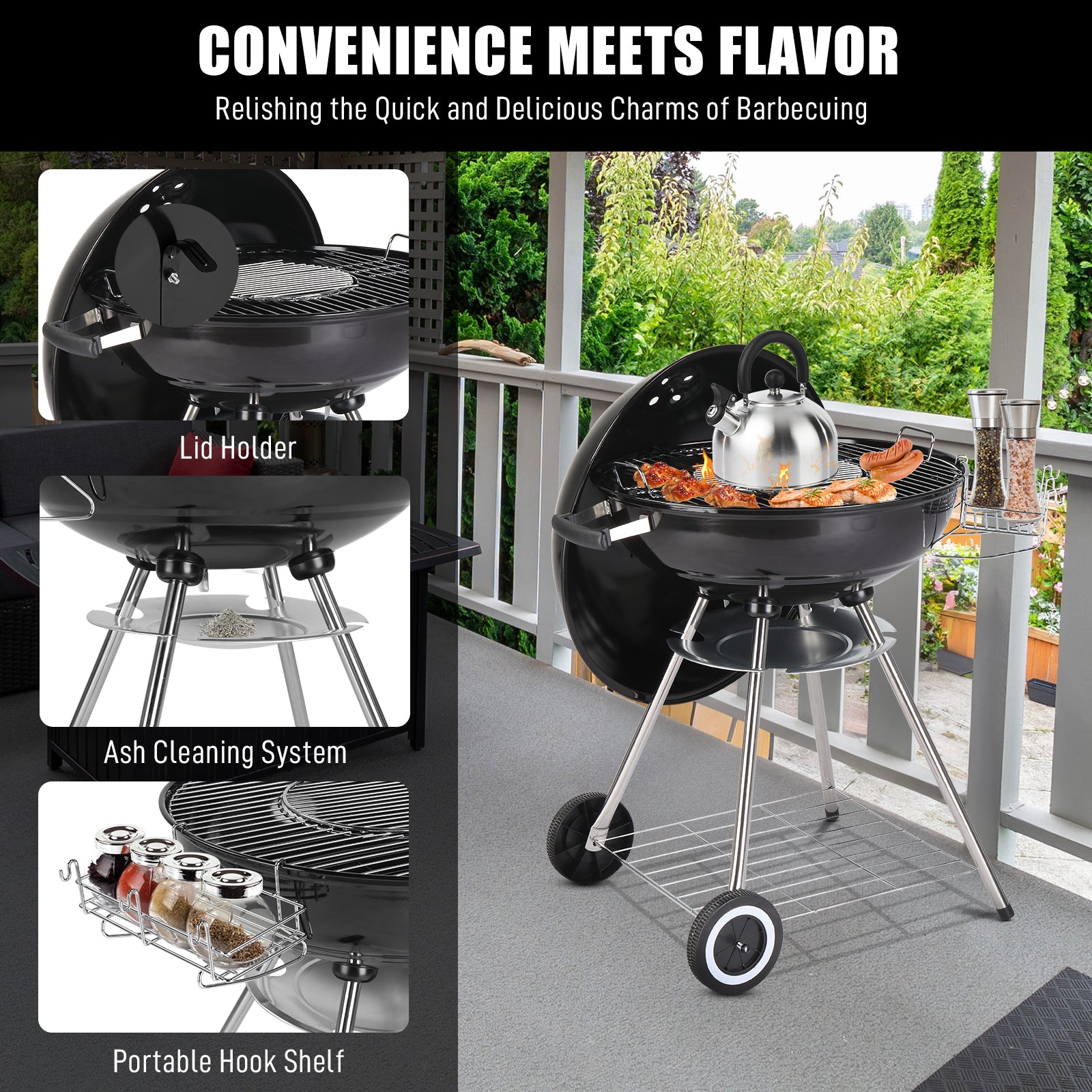 Portable Charcoal Grill Black 18 inch with Wheels Porcelain Enameled Lid & Ash Catcher for Outdoor BBQ Camping Picnics Tailgating