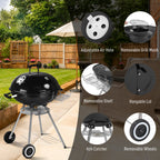 Portable Charcoal Grill Black 18 inch with Wheels Porcelain Enameled Lid & Ash Catcher for Outdoor BBQ Camping Picnics Tailgating