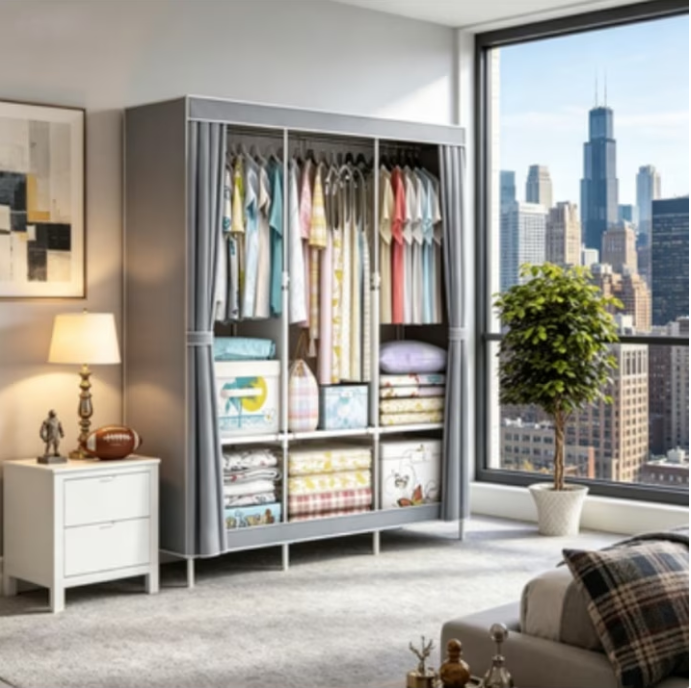 Portable Closet Organizer with Shelves Dustproof Non Woven Fabric Wardrobe Storage for Bedroom Home Space Saving Clothing Rack