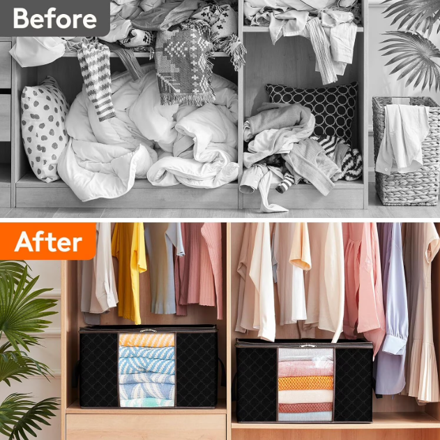 6 Pack Large Foldable Closet Organizer Storage Bags with Sturdy Handles for Comforters Blankets Bedding Black