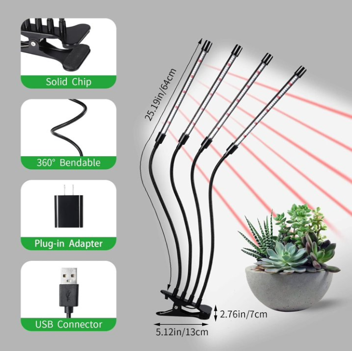 Feirrmimo LED Grow Lights for Indoor Plants,Full-Spectrum Grow Light with Automatic On/Off and 3/9/12-Hour Timer,4-Head Clip-On Plant Grow Light with 9 Dimmable Brightness Levels