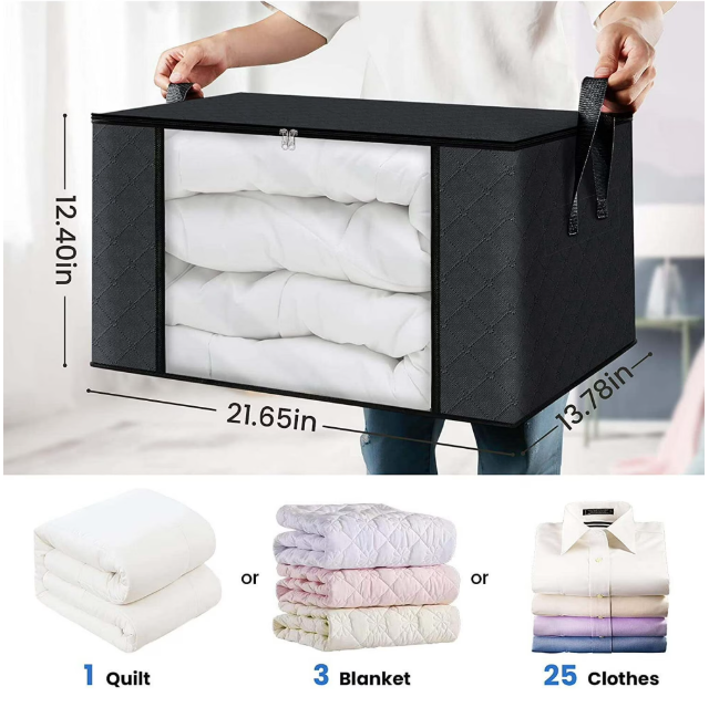 6 Pack Large Foldable Closet Organizer Storage Bags with Sturdy Handles for Comforters Blankets Bedding Black