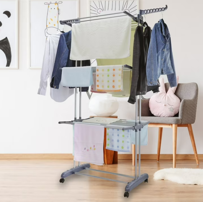Feirrmimo Clothes Drying Rack,Oversized 4-Tier,Foldable Stainless Steel Drying Rack Clothing,Movable Drying Rack Poles