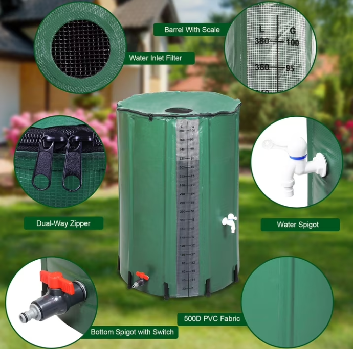 100 Gallon PVC Rain Barrel With Measuring Scale, Green