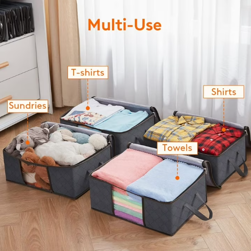 6 Pack Large Foldable Closet Organizer Storage Bags with Sturdy Handles for Comforters Blankets Bedding Grey