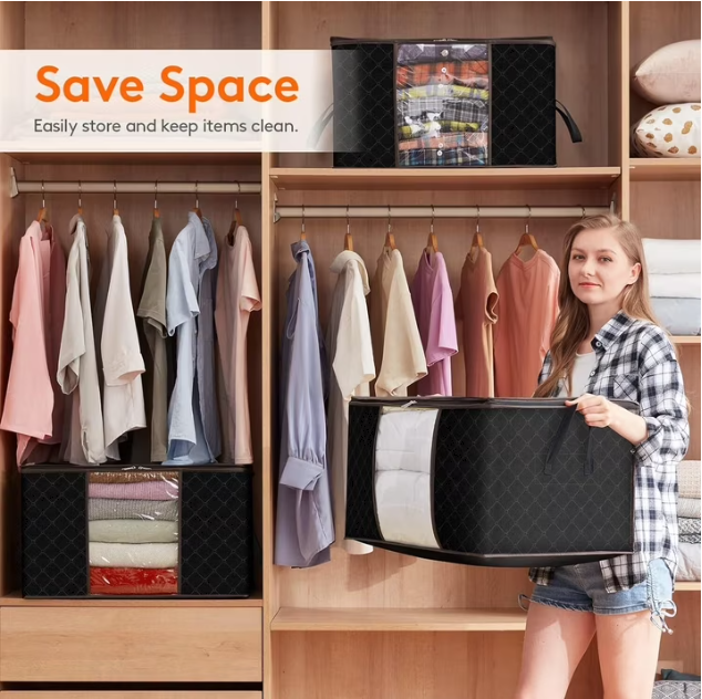 6 Pack Large Foldable Closet Organizer Storage Bags with Sturdy Handles for Comforters Blankets Bedding Black
