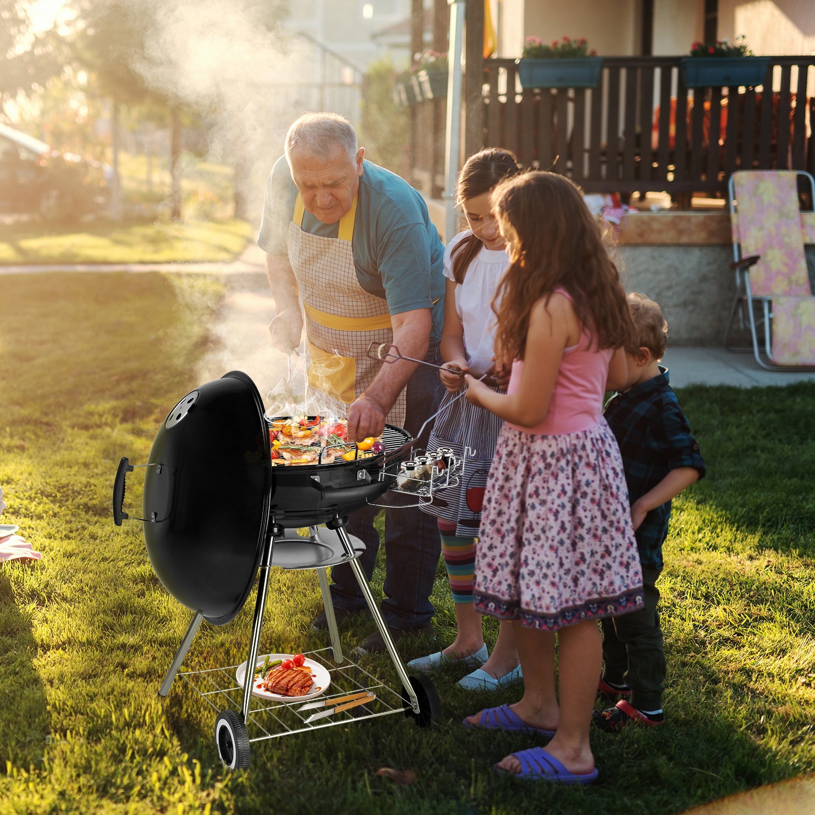 Portable Charcoal Grill Black 18 inch with Wheels Porcelain Enameled Lid & Ash Catcher for Outdoor BBQ Camping Picnics Tailgating
