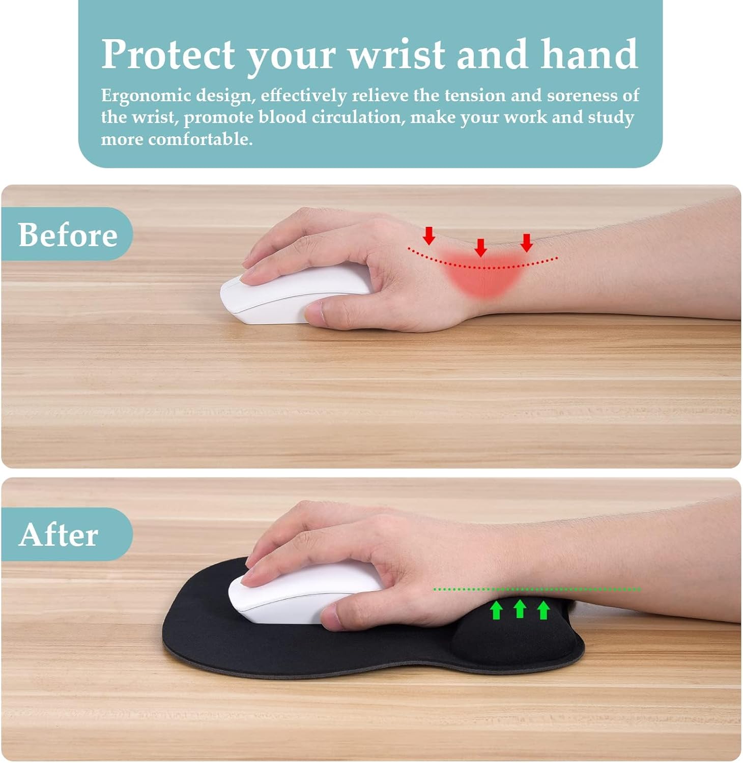 1 Black Pack Mouse Pad with Wrist Support, Ergonomic Gaming Mouse Pad Pain Relief, Portable Comfortable Mousepad for Computer, Laptop, Office, Home Non-Slip Base