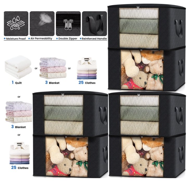 6 Pack Large Foldable Closet Organizer Storage Bags with Sturdy Handles for Comforters Blankets Bedding Black