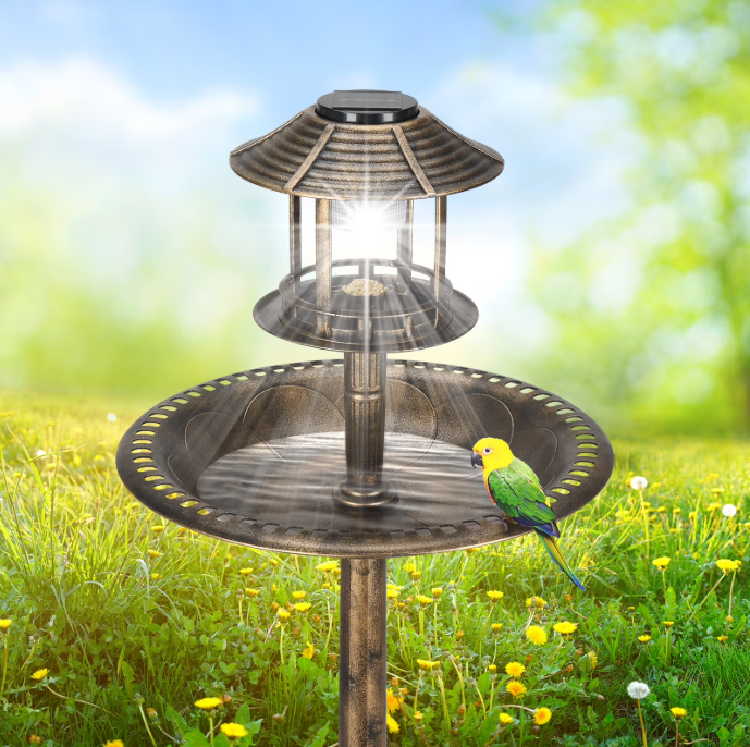 Bird Bath with Solar Powered Fountains for Hummingbirds,Stable Stylish Design with 5-Prong Base Stake Plastic Bird Bath for Outside Patio Yard Garden