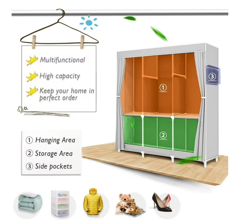 Portable Closet Organizer with Shelves Dustproof Non Woven Fabric Wardrobe Storage for Bedroom Home Space Saving Clothing Rack