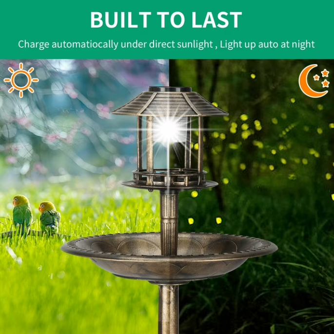 Bird Bath with Solar Powered Fountains for Hummingbirds,Stable Stylish Design with 5-Prong Base Stake Plastic Bird Bath for Outside Patio Yard Garden