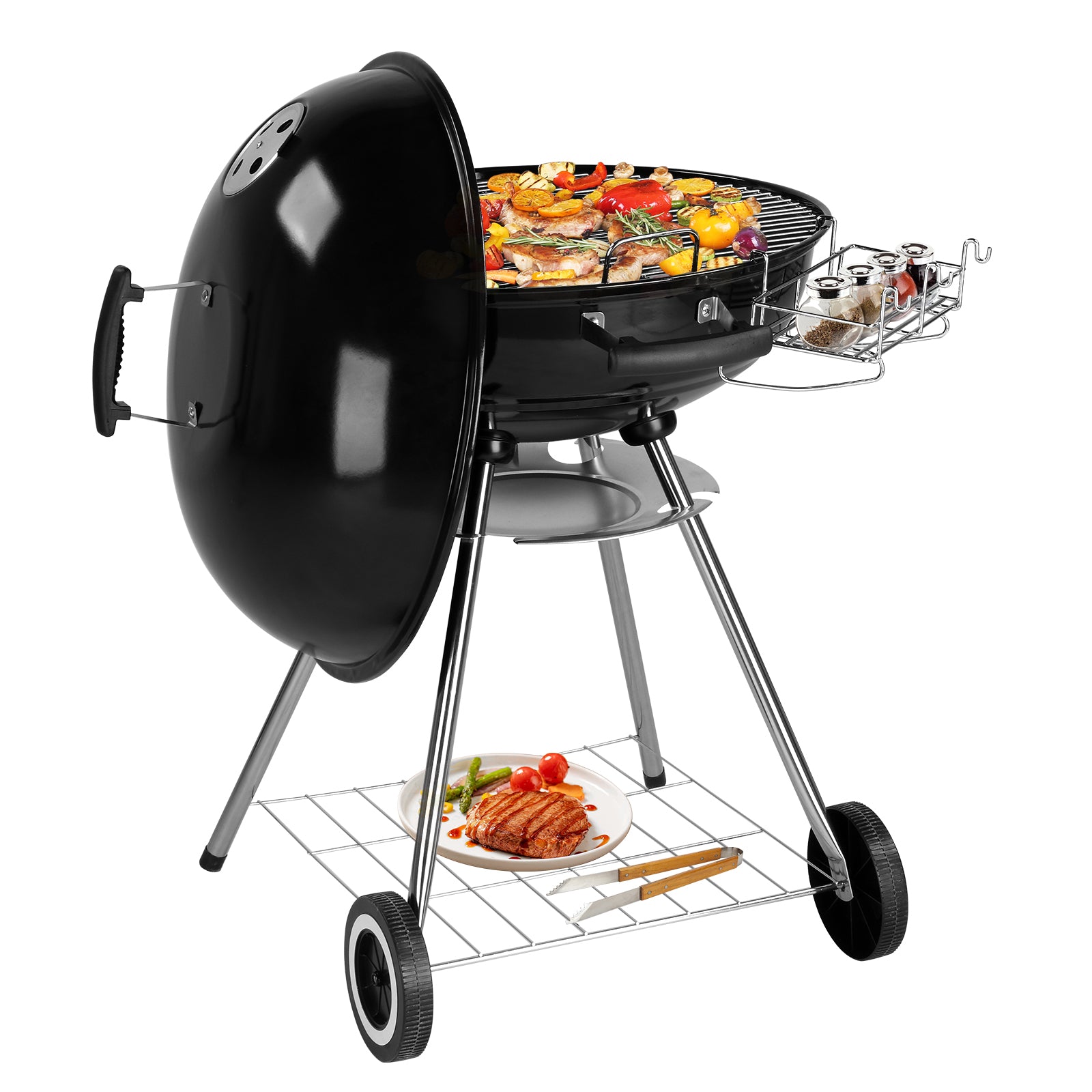 Portable Charcoal Grill Black 18 inch with Wheels Porcelain Enameled Lid & Ash Catcher for Outdoor BBQ Camping Picnics Tailgating