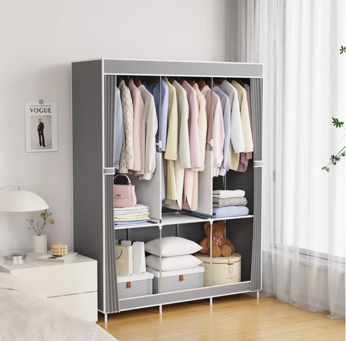 Portable Closet Organizer with Shelves Dustproof Non Woven Fabric Wardrobe Storage for Bedroom Home Space Saving Clothing Rack
