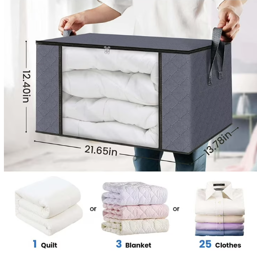 6 Pack Large Foldable Closet Organizer Storage Bags with Sturdy Handles for Comforters Blankets Bedding Grey