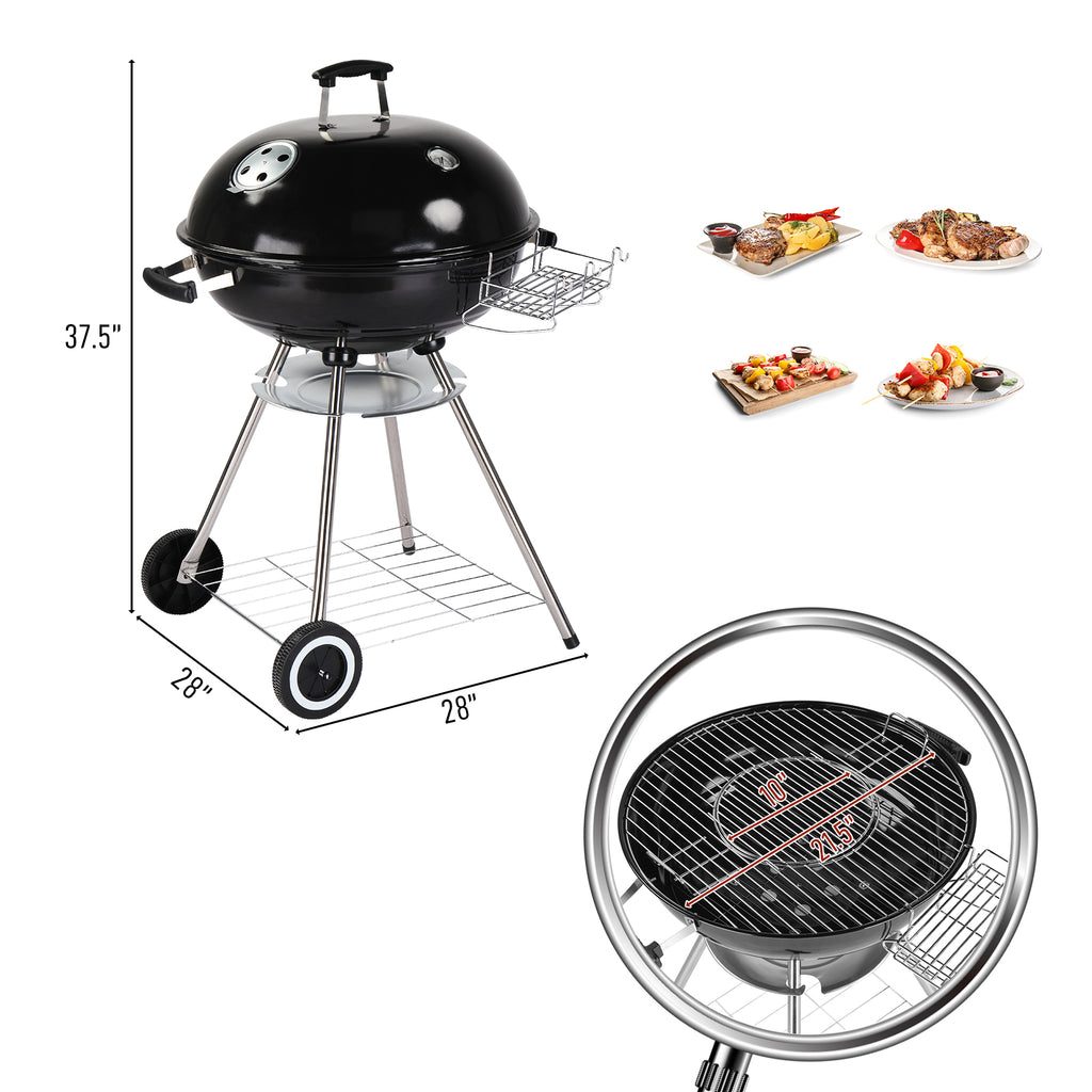 Portable Charcoal Grill Black 18 inch with Wheels Porcelain Enameled Lid & Ash Catcher for Outdoor BBQ Camping Picnics Tailgating