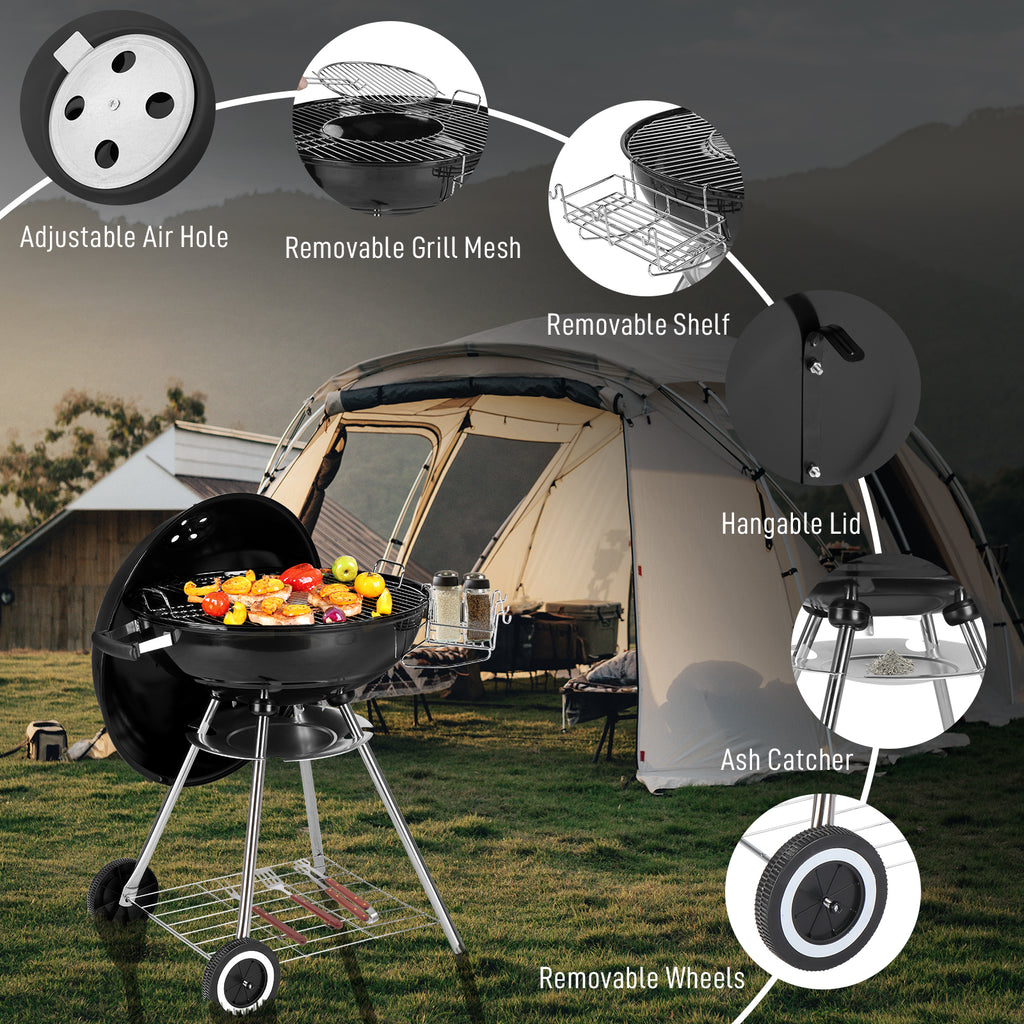 Portable Charcoal Grill Black 18 inch with Wheels Porcelain Enameled Lid & Ash Catcher for Outdoor BBQ Camping Picnics Tailgating